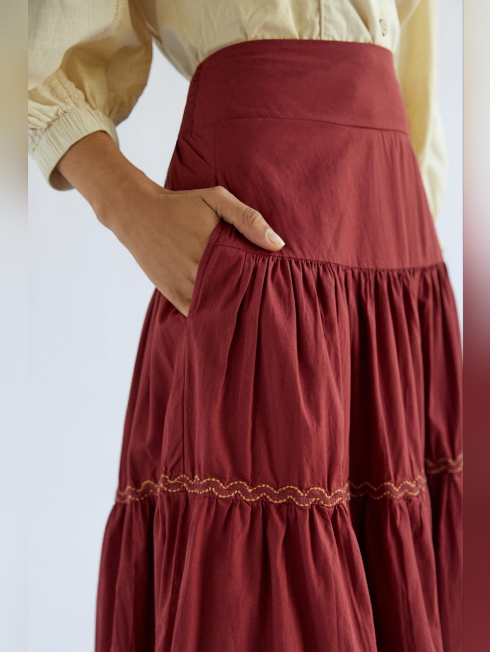 NWT Anthropologie Tiered Lace Maxi in Maroon Red Cotton Pull-on Skirt 1X - Picture 3 of 11